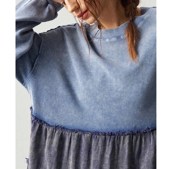 Color Block Mineral Wash Frayed Detail Oversized Long Sleeve Dress - Picture 6 of 8